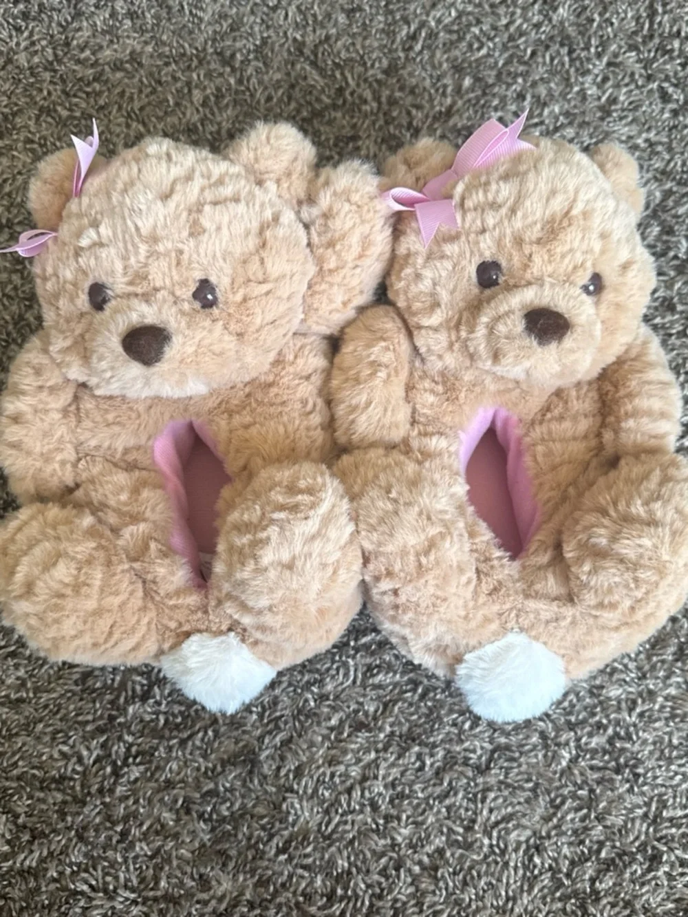 Plush Teddy Bear Kids Slippers in Light Brown with Pink Accents